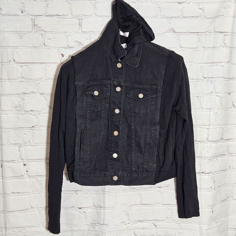 Womens Bailey 44 Size S Black Denim Jacket W/Black Hoodie Underlay